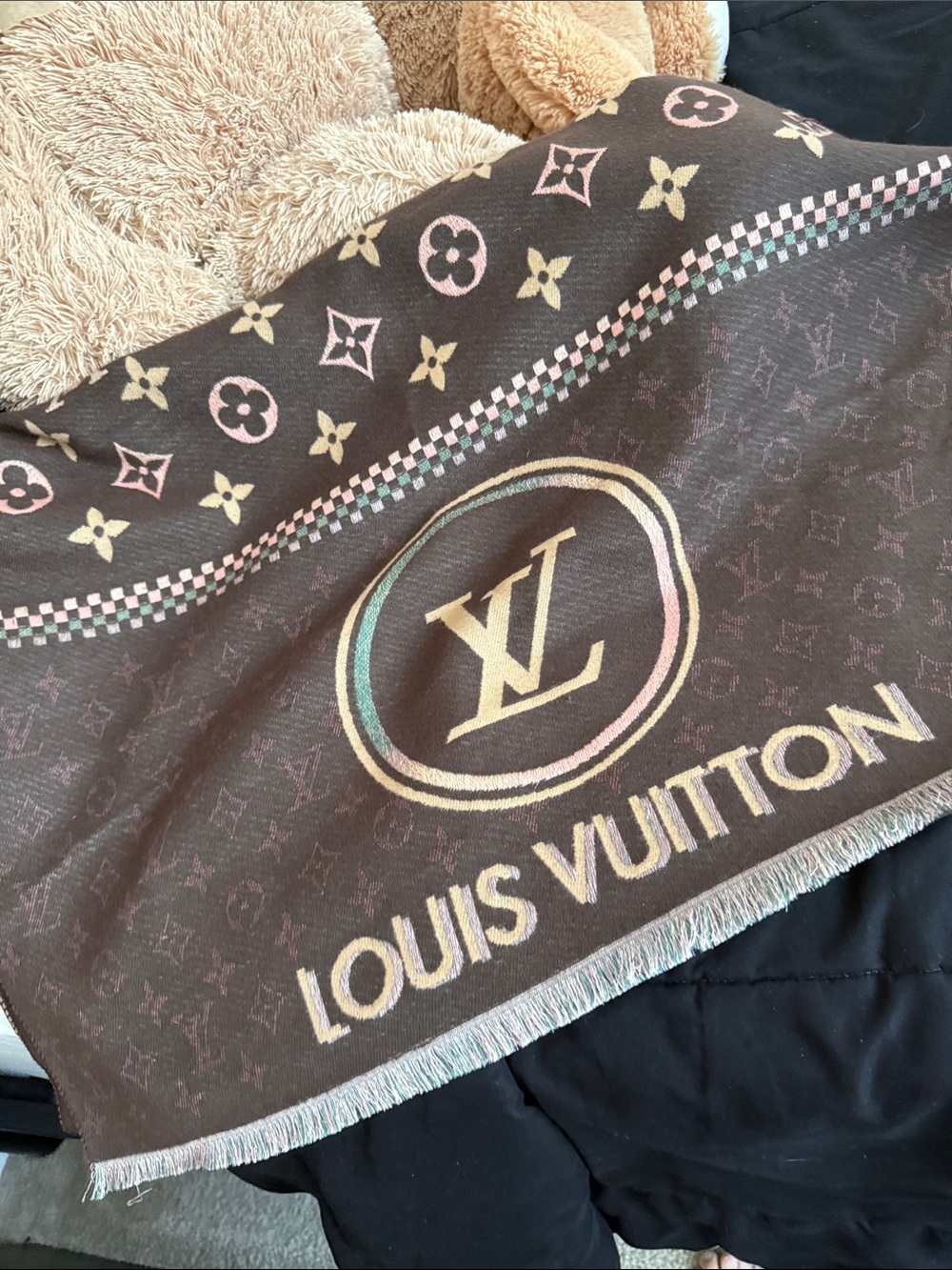 Louis Vuitton Brown Monogram Logo Shawl with Pastel Accents